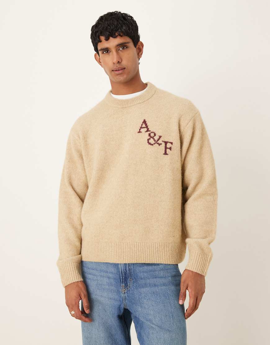 Abercrombie & Fitch - Flauschiger Oversize-Pullover in Beige mit Rundhalsausschnitt und Logo-Neutral von Abercrombie & Fitch