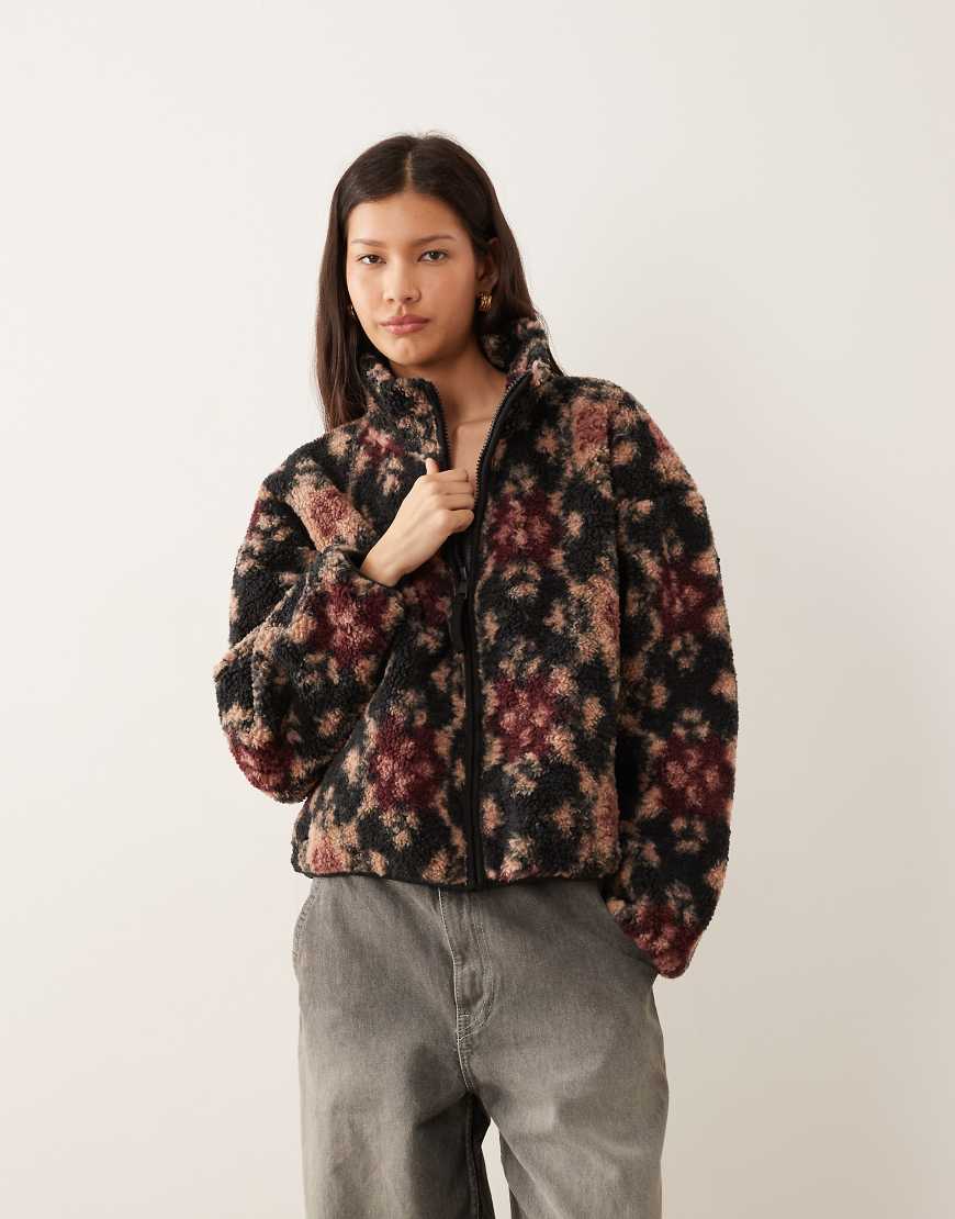 Abercrombie & Fitch - Fleece-Jacke mit abstraktem Muster in Schwarz und Rosa und Reißverschluss von Abercrombie & Fitch