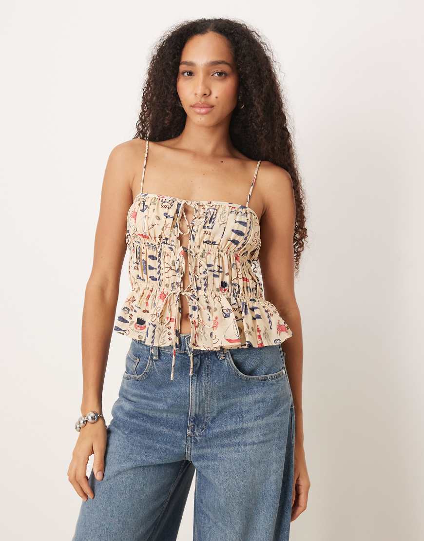 Abercrombie & Fitch - Gemustertes Oberteil in Cremeweiß mit Puffärmeln und gebundener Vorderseite-Neutral von Abercrombie & Fitch