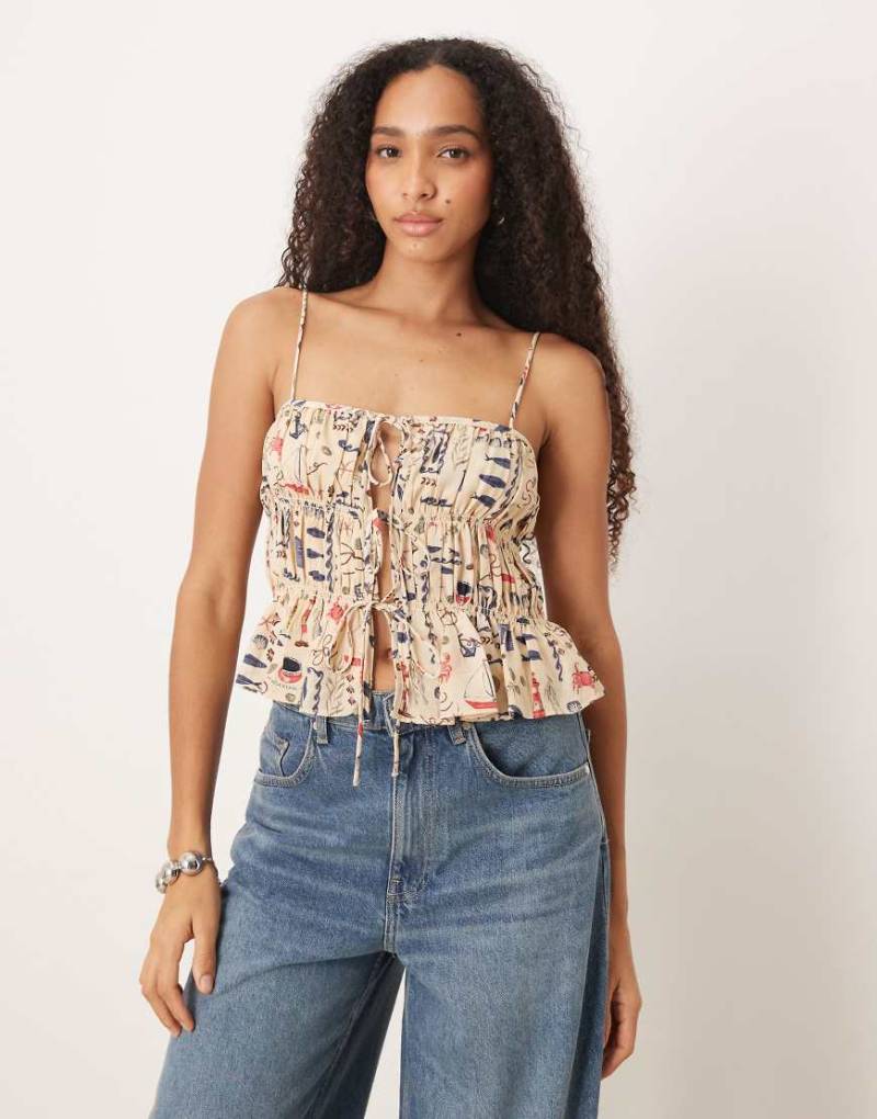 Abercrombie & Fitch - Gemustertes Oberteil in Cremeweiß mit Puffärmeln und gebundener Vorderseite-Neutral von Abercrombie & Fitch