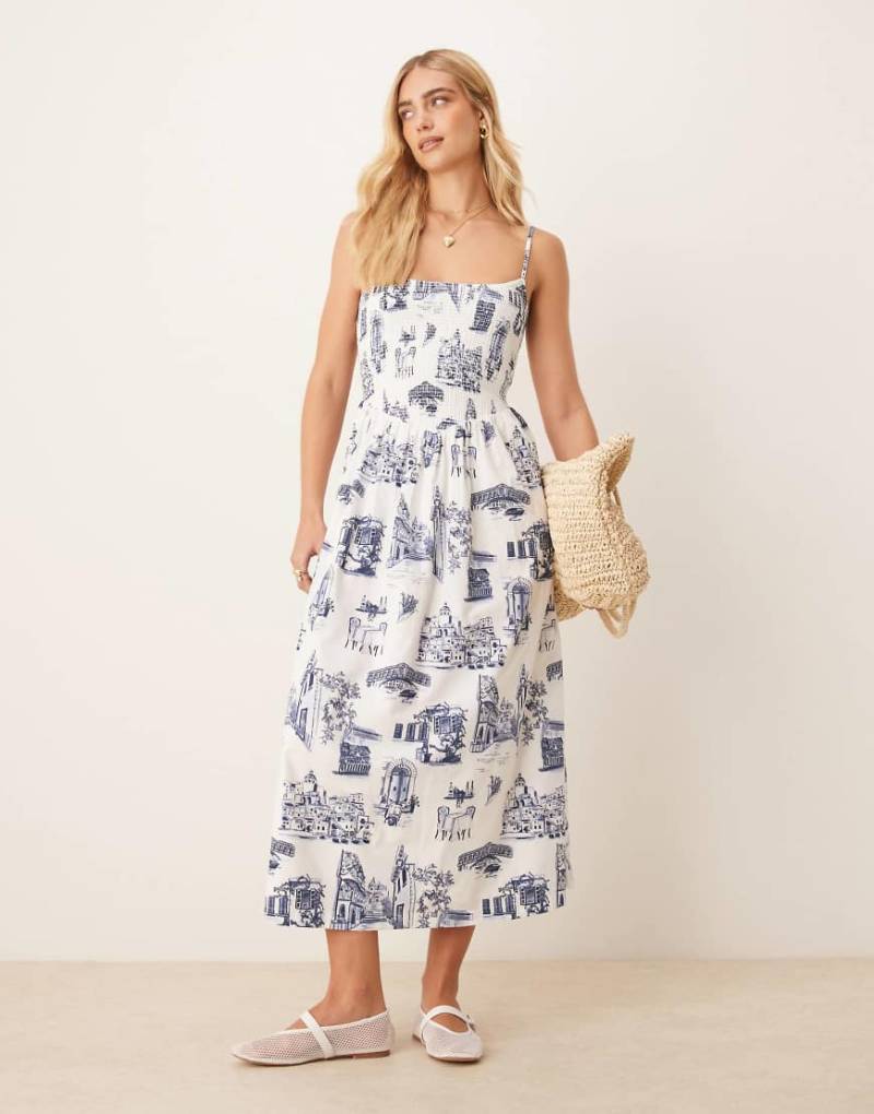 Abercrombie & Fitch - Gesmoktes Popeline-Midikleid mit tief angesetzter Taille in Gelb von Abercrombie & Fitch