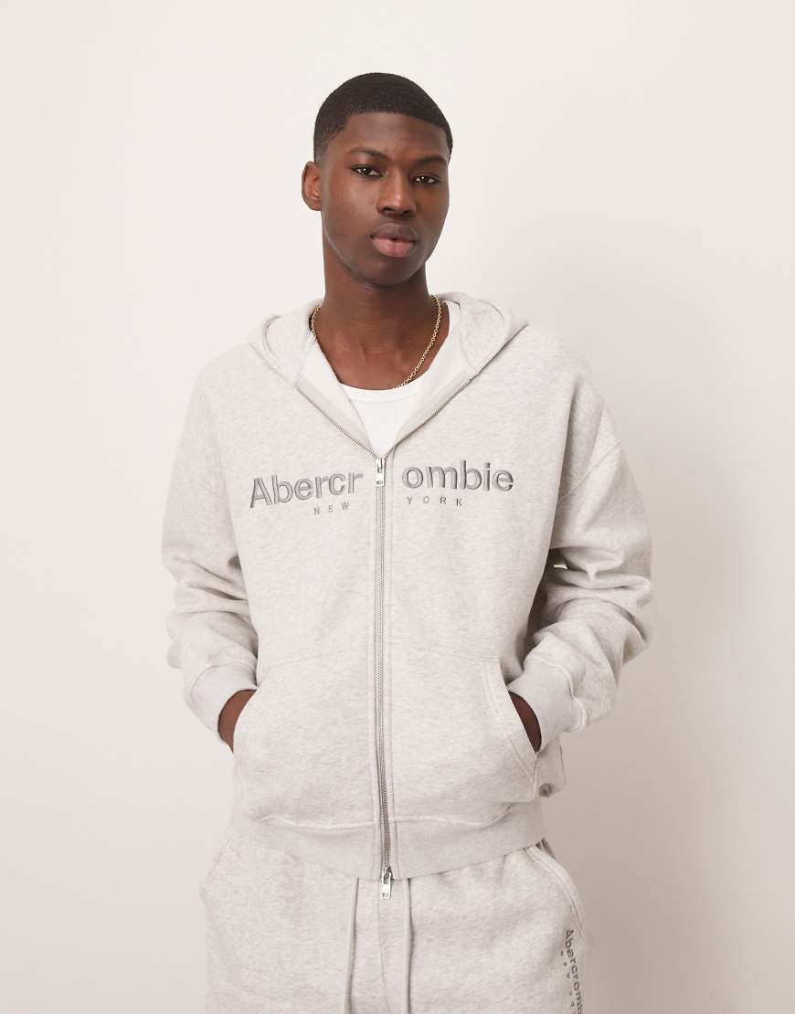 Abercrombie & Fitch - Kapuzenpullover in Hellgrau mit Reißverschluss und Logo von Abercrombie & Fitch
