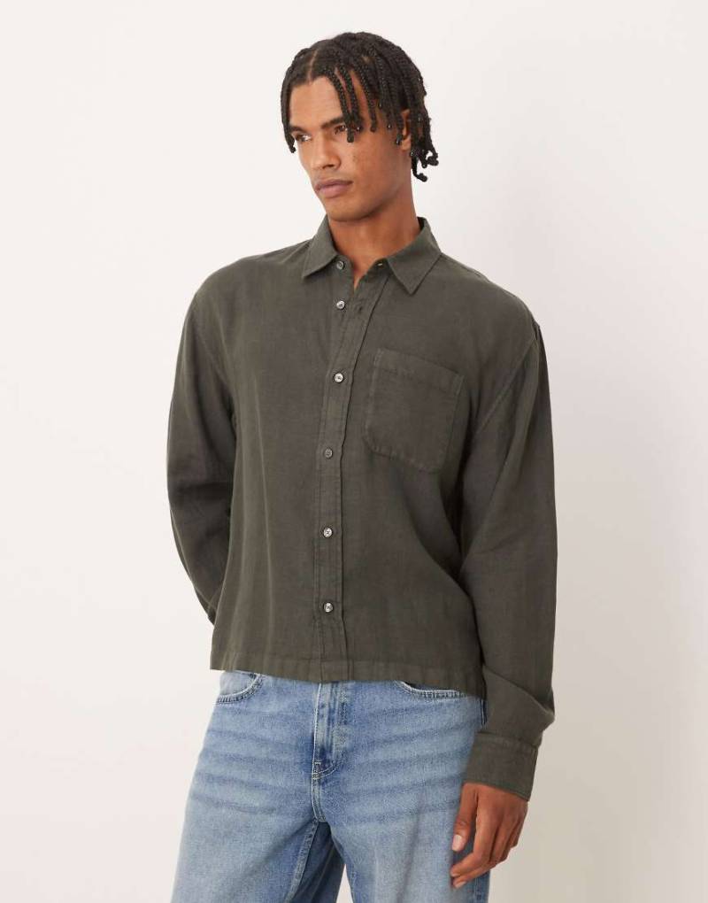 Abercrombie & Fitch - Langärmliges Hemd aus 100% Leinen in Dunkelgrün von Abercrombie & Fitch