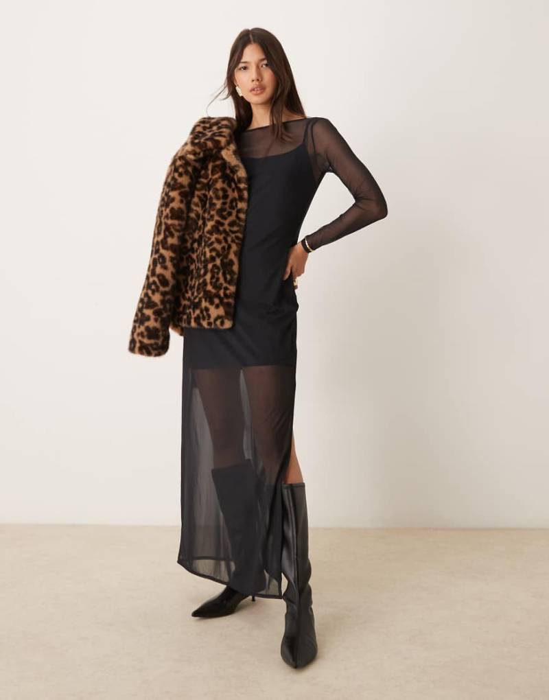 Abercrombie & Fitch - Langärmliges Maxikleid aus Netzstoff in Schwarz mit Seitenschlitz von Abercrombie & Fitch