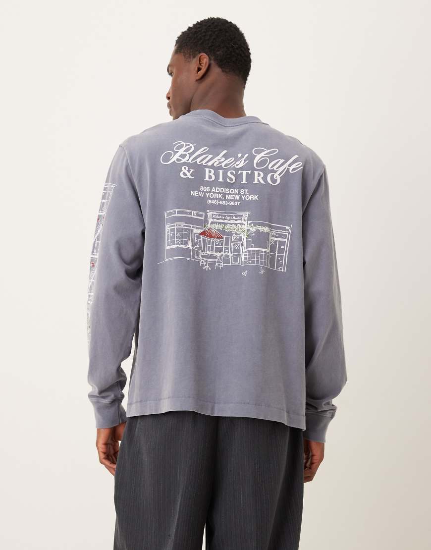 Abercrombie & Fitch - Langärmliges Shirt in verwaschenem Blau mit Kaffeegrafik von Abercrombie & Fitch