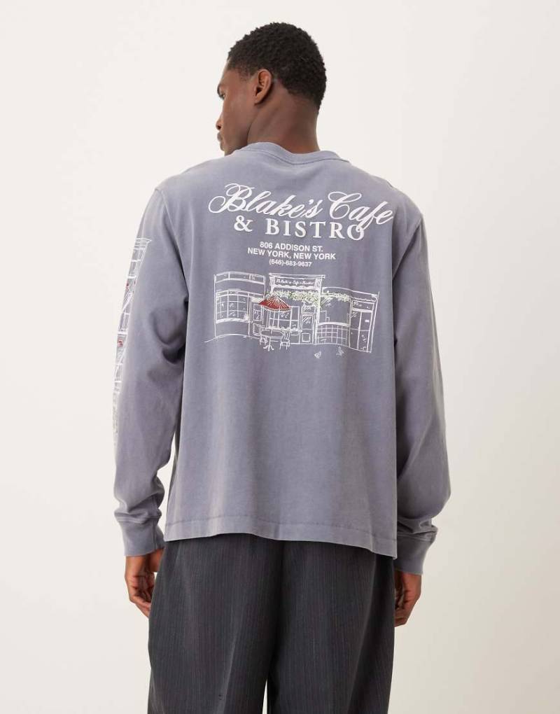 Abercrombie & Fitch - Langärmliges Shirt in verwaschenem Blau mit Kaffeegrafik von Abercrombie & Fitch