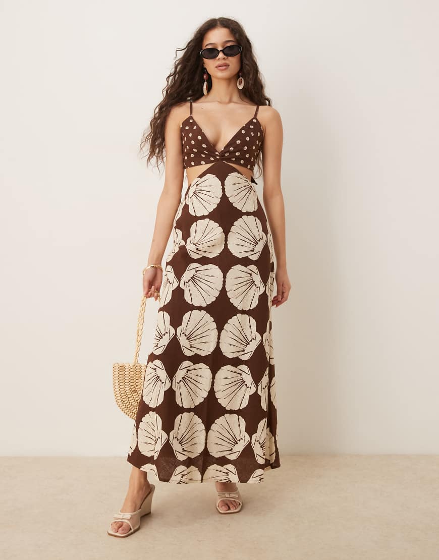 Abercrombie & Fitch - Leinen-Maxikleid in Braun mit Print, Cut-out und Spaghetti-Trägern Abercrombie & Fitch - Leinen-Maxikleid in Braun mit Print, Cut-out und Spaghetti-Trägern von Abercrombie & Fitch