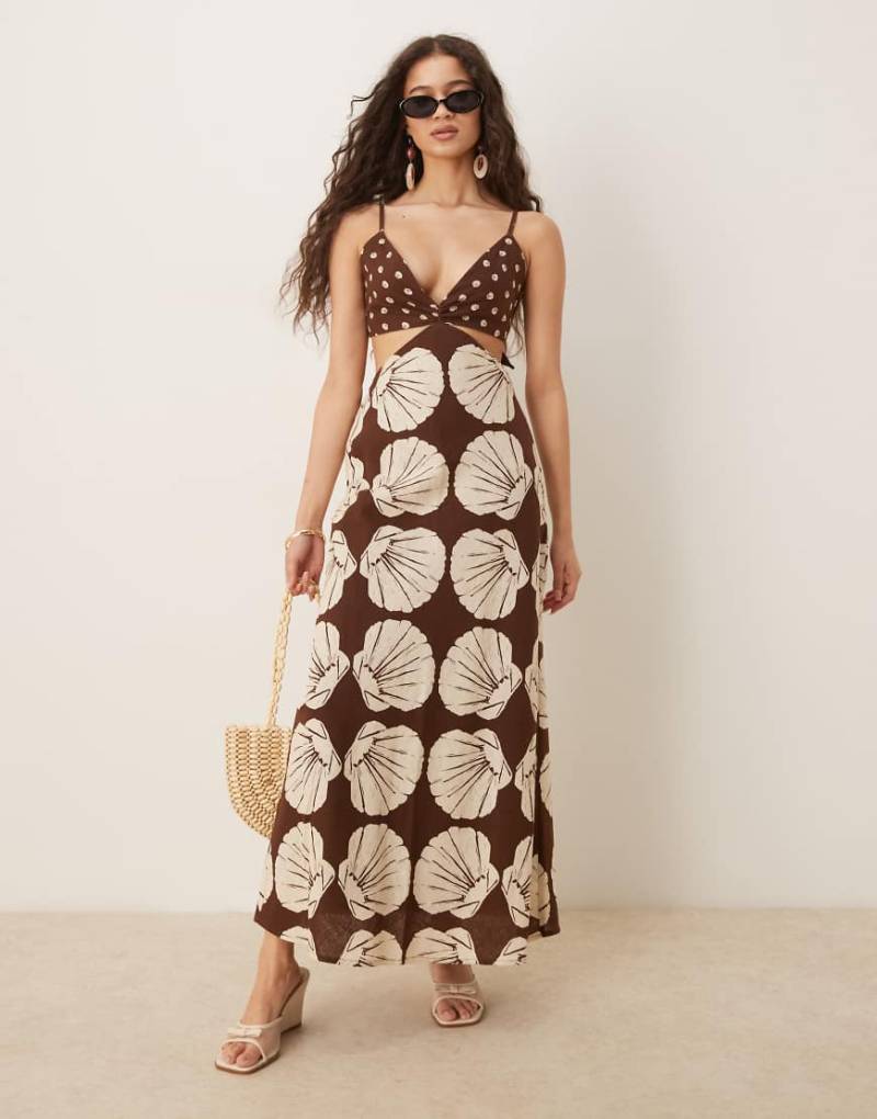 Abercrombie & Fitch - Leinen-Maxikleid in Braun mit Print, Cut-out und Spaghetti-Trägern von Abercrombie & Fitch