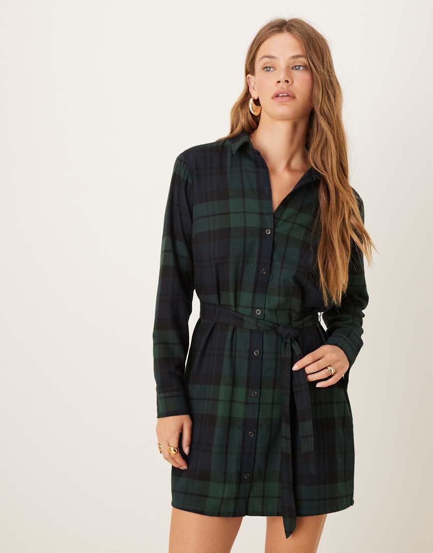 Abercrombie & Fitch - Minikleid in Marineblau kariert mit geraffter Taille und langen, abgerundeten Ärmeln von Abercrombie & Fitch