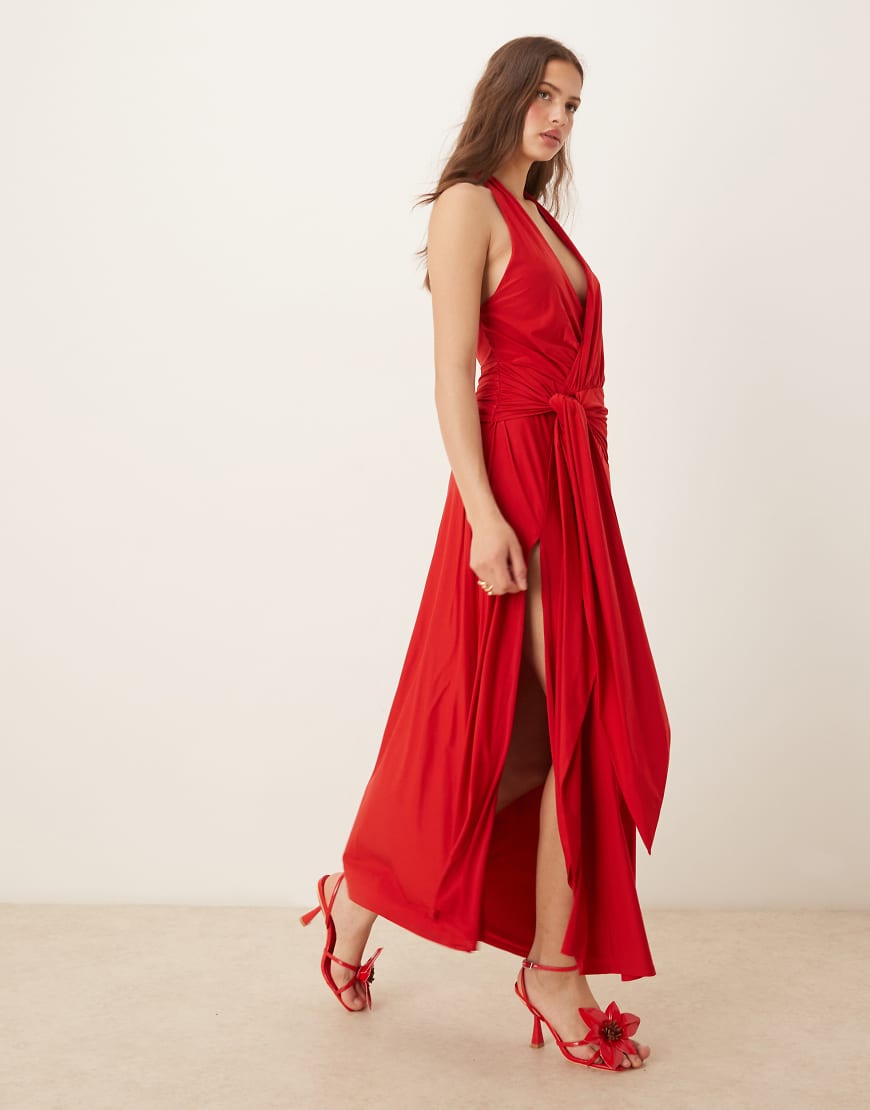 Abercrombie & Fitch - Neckholder-Maxikleid in Rot mit betonter, geknoteter Vorderseite-Grün von Abercrombie & Fitch