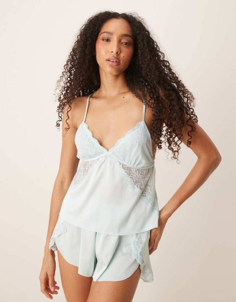 Abercrombie & Fitch - Pyjama-Trägertop aus Satin in Blau mit Spitzensaum, Kombiteil von Abercrombie & Fitch