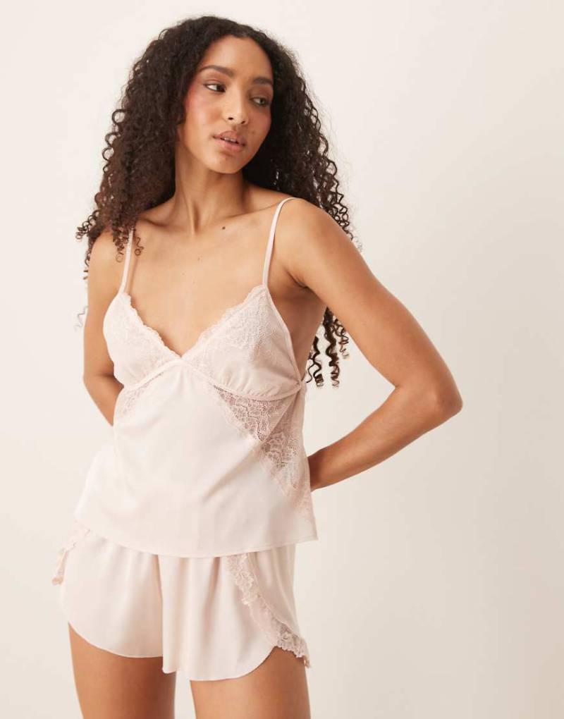 Abercrombie & Fitch - Pyjama-Trägertop aus Satin in Rosa mit Spitzensaum, Kombiteil von Abercrombie & Fitch