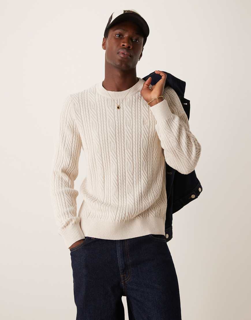 Abercrombie & Fitch - Strickpullover aus beiger Merinowolle mit Zopfmuster-Neutral von Abercrombie & Fitch