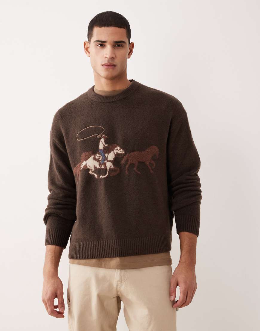 Abercrombie & Fitch - Strickpullover in Braun mit Rundhalsausschnitt und Western-Grafik-Rot von Abercrombie & Fitch