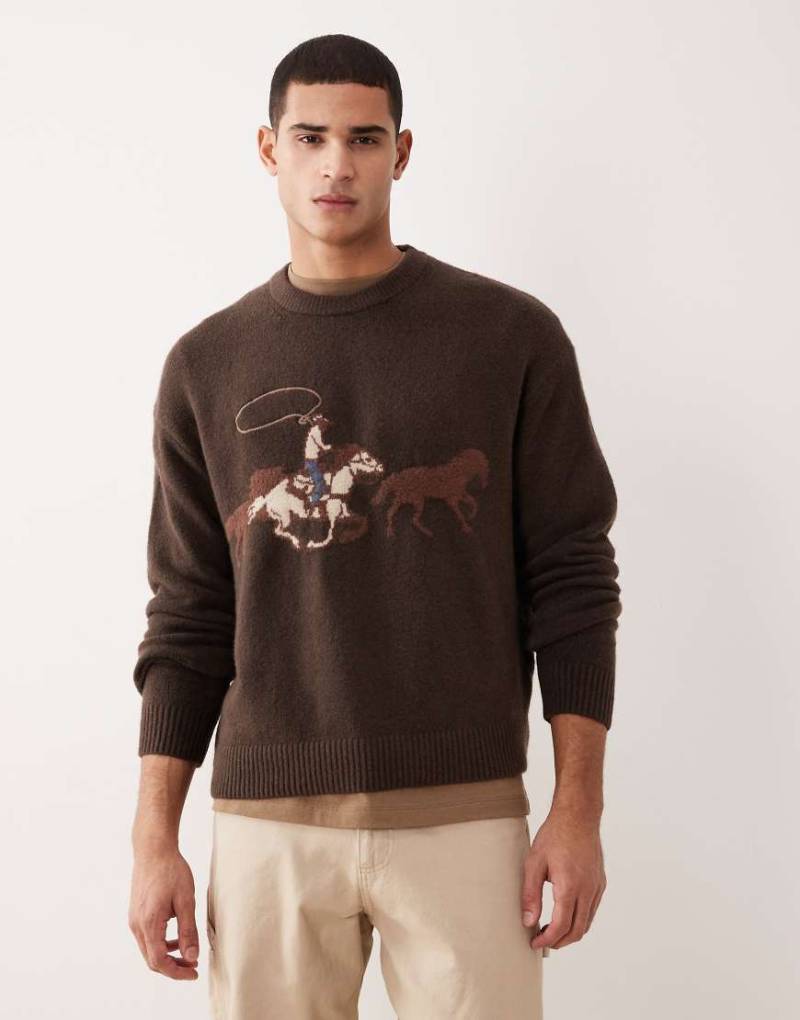Abercrombie & Fitch - Strickpullover in Braun mit Rundhalsausschnitt und Western-Grafik-Rot von Abercrombie & Fitch