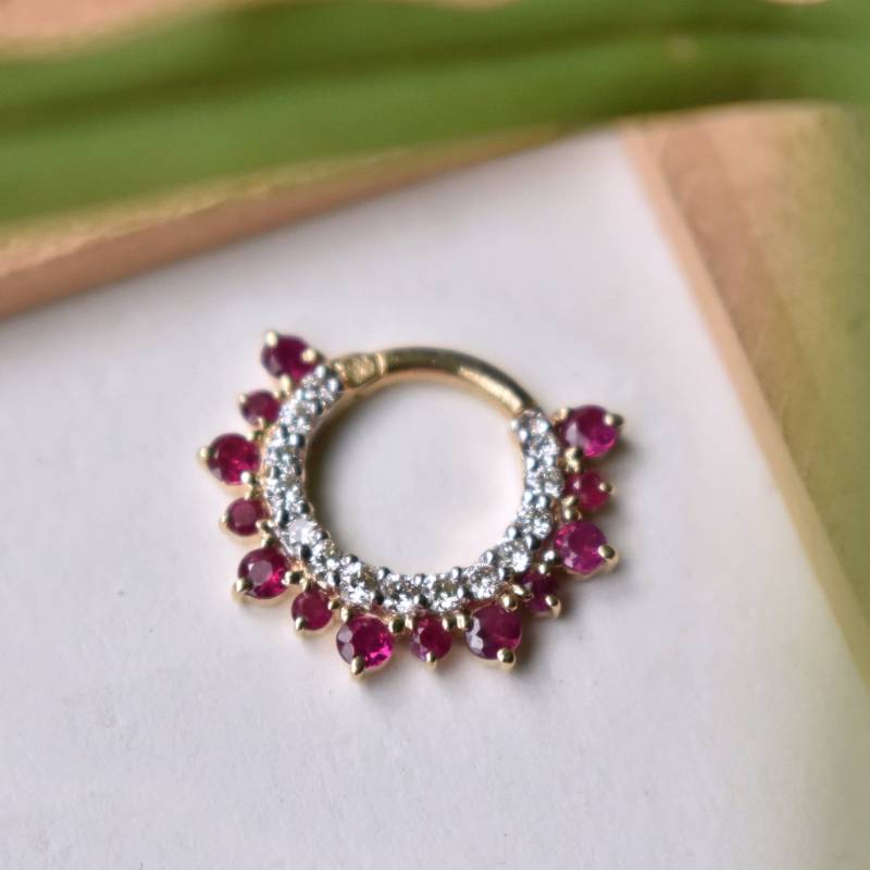 6 Mm-13 Mm Natürliche Rubin & Diamant Septum Daith Ring, 14K 18K Solid Gold Clicker Ohrring, Edelsteine Piercing Schmuck, Juli Birthstone Ddp von AbhikaJewels