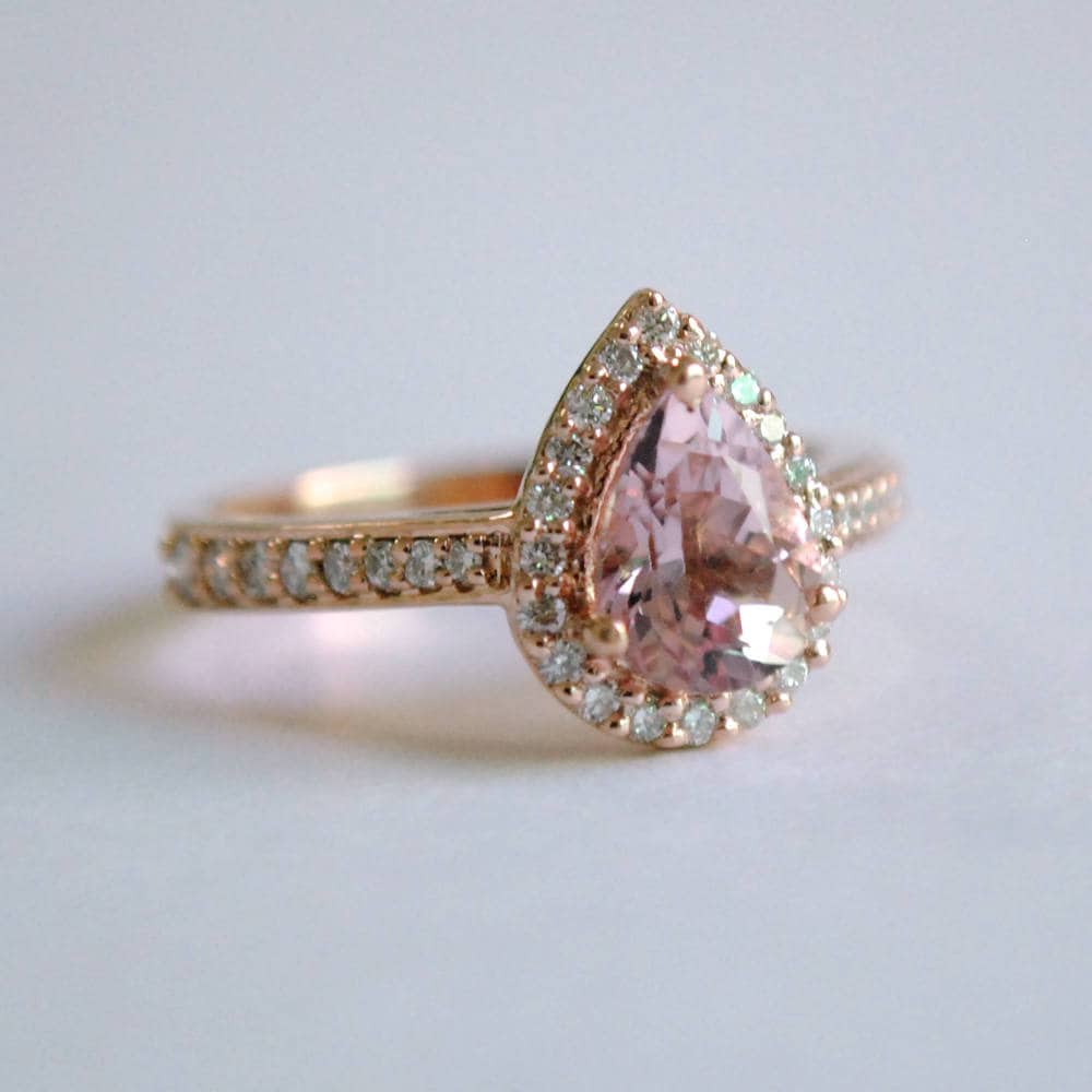 8x6mm Birne Morganit Kathedrale Verlobungsring, 14K Solid Rose Gold Diamant Halo Ring Mit Pave Band, Vorschlag von AbhikaJewels