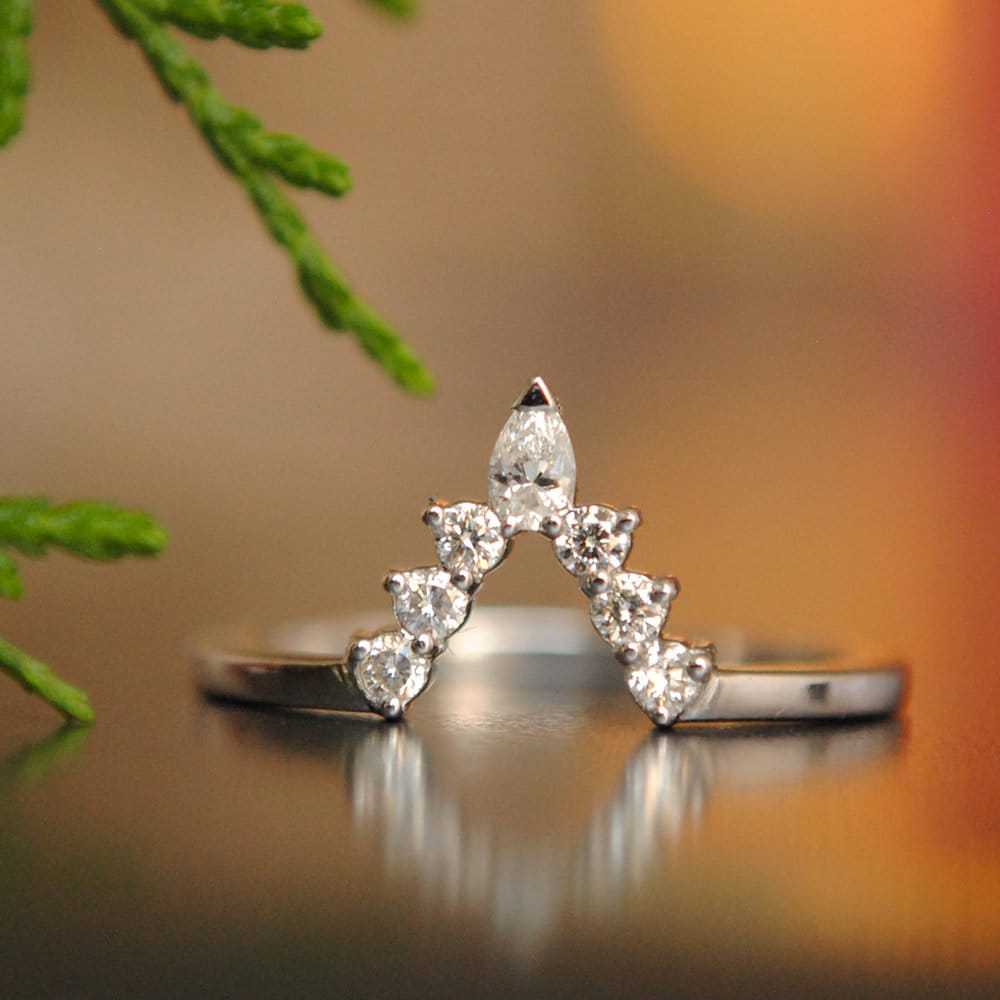 Birne Und Runder Diamant V Ring, Tiefer V-stack Ehering, 14K Weißgold Krone Birne Und Runder Diamant V Ring, Tiefer V-stack Ehering, 14K Weißgold Krone von AbhikaJewels