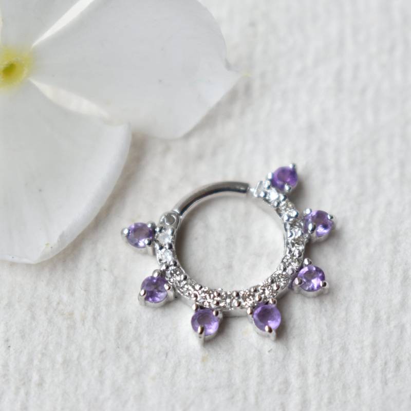 Natürliche Amethyst & Diamant Daith Septum Clicker, 6-12 Mm 14K 18K Solid Gold Hoop Ohrring, Februar Edelstein, 14G 16G 18G Piercing Schmuck von AbhikaJewels