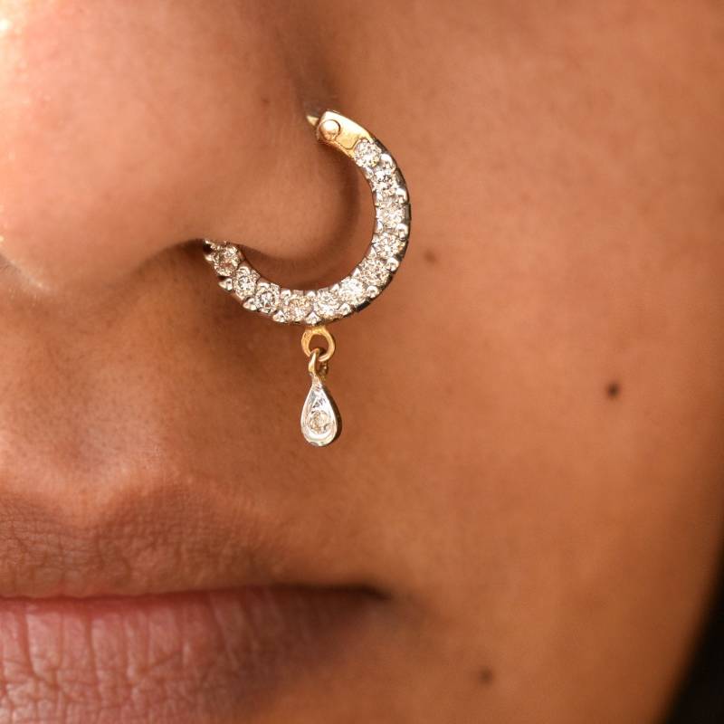 Natürlicher Diamant Septum Clicker Mit Drop Dangle in 14K 18K Solid Gold, 18G Dünne Hoop, Nase Daith Piercing Schmuck von AbhikaJewels