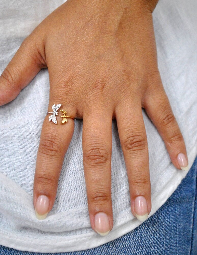sterling Silber Zwei Libelle Offener Ring Mit Natürlichen Diamanten, Damselfly Erinnerungsschmuck, Mutter Tochter Geschenke sterling Silber Zwei Libelle Offener Ring Mit Natürlichen Diamanten, Damselfly Erinnerungsschmuck, Mutter Tochter Geschenke von AbhikaJewels