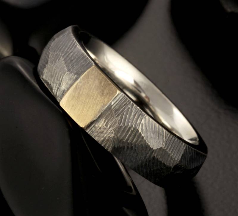 Rustikaler Herrenring 14K Gold & Sterling Silber Band, Comfort Fit Rs-1249 von AbiMJewelry