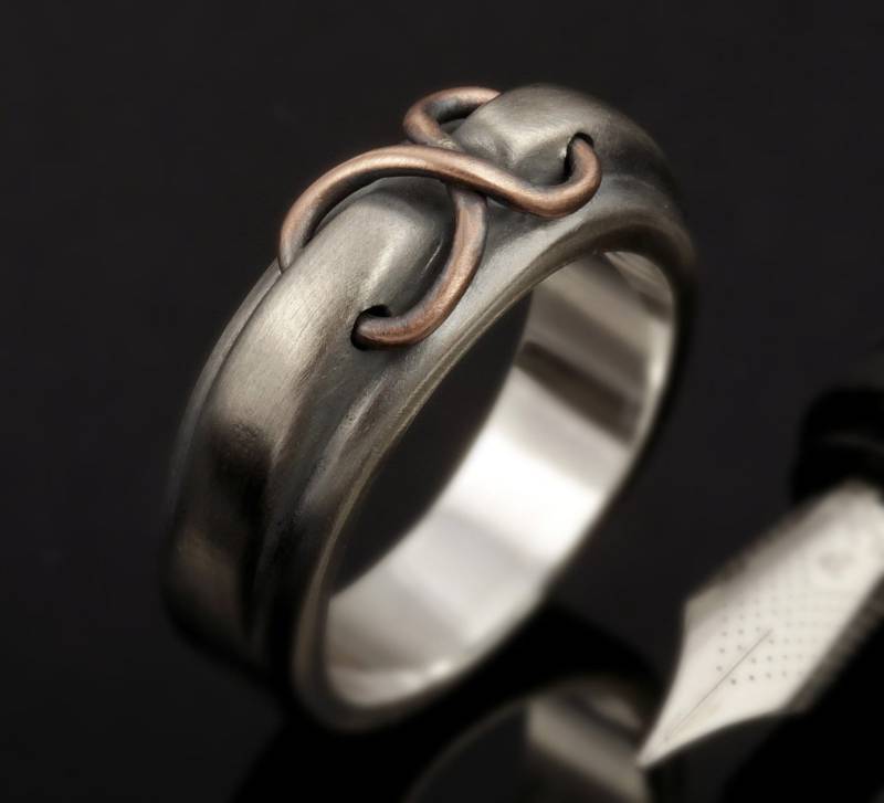 Rustikaler Sterling Silber & Kupfer Herrenring - Breites Band Ehering Rs-1274 von AbiMJewelry