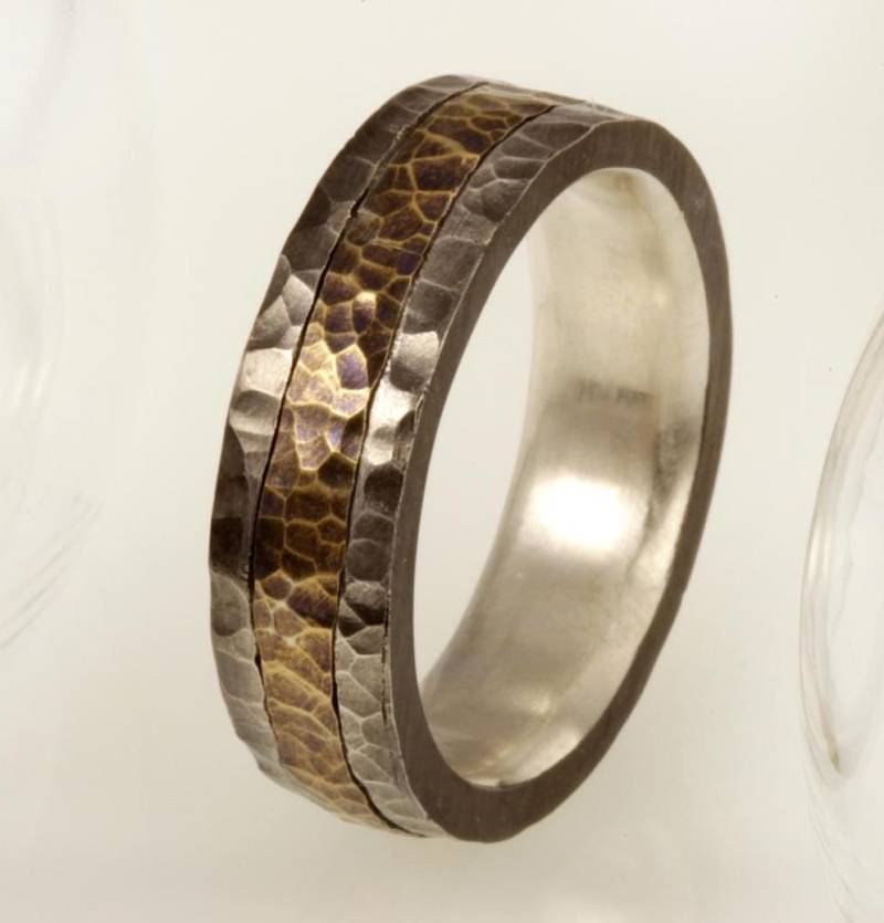 14K Gold & Silber Herren Ehering Gehämmert Rustikale Comfort Fit Rs-1228 von AbiMJewelry