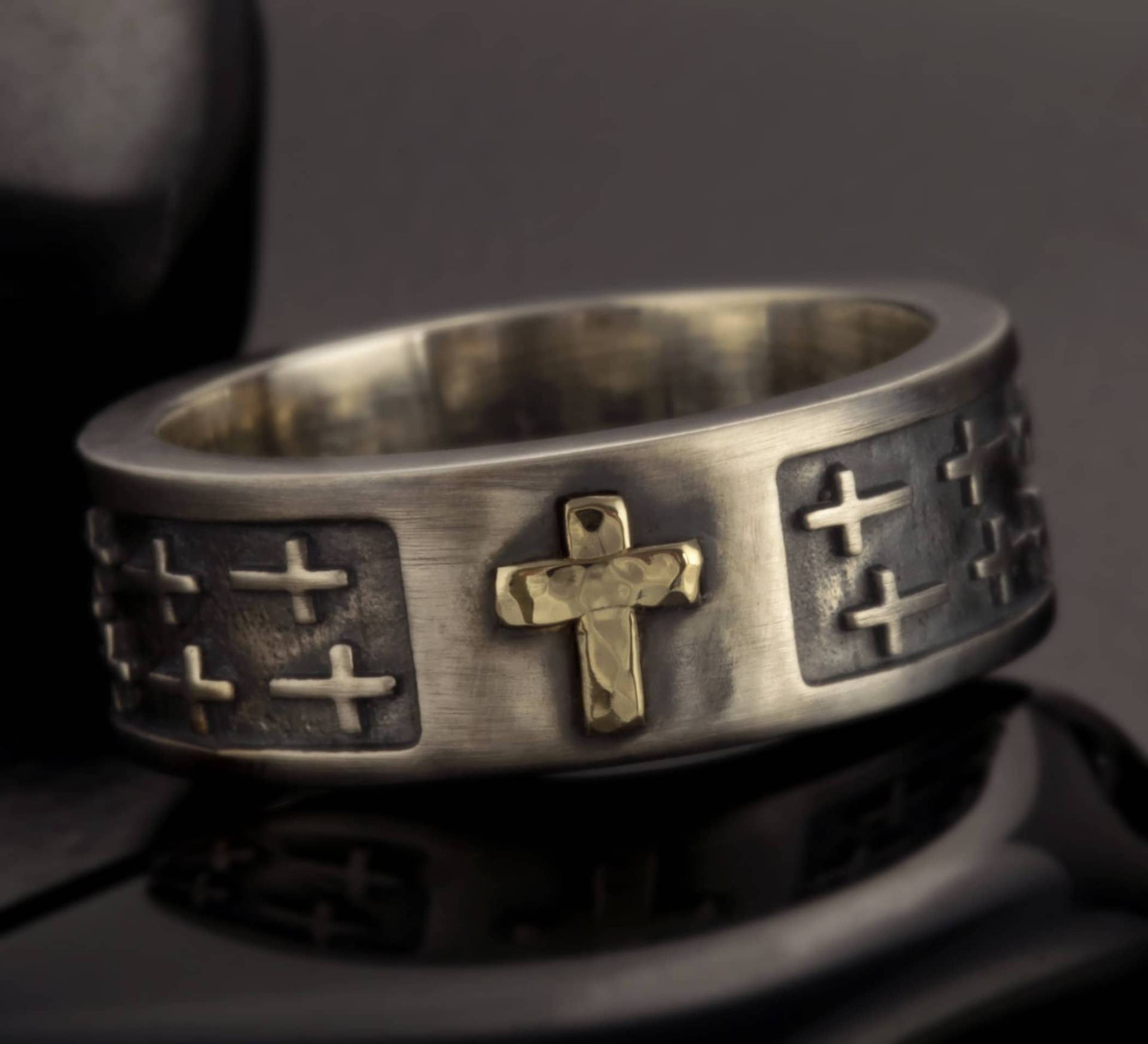 Mann Kreuz Ring, Silber & 14K Massiv Gold Personalisierter Männer Ehering, Herrenschmuck, Unikat Herrenring, Rs-1414 von AbiMJewelry