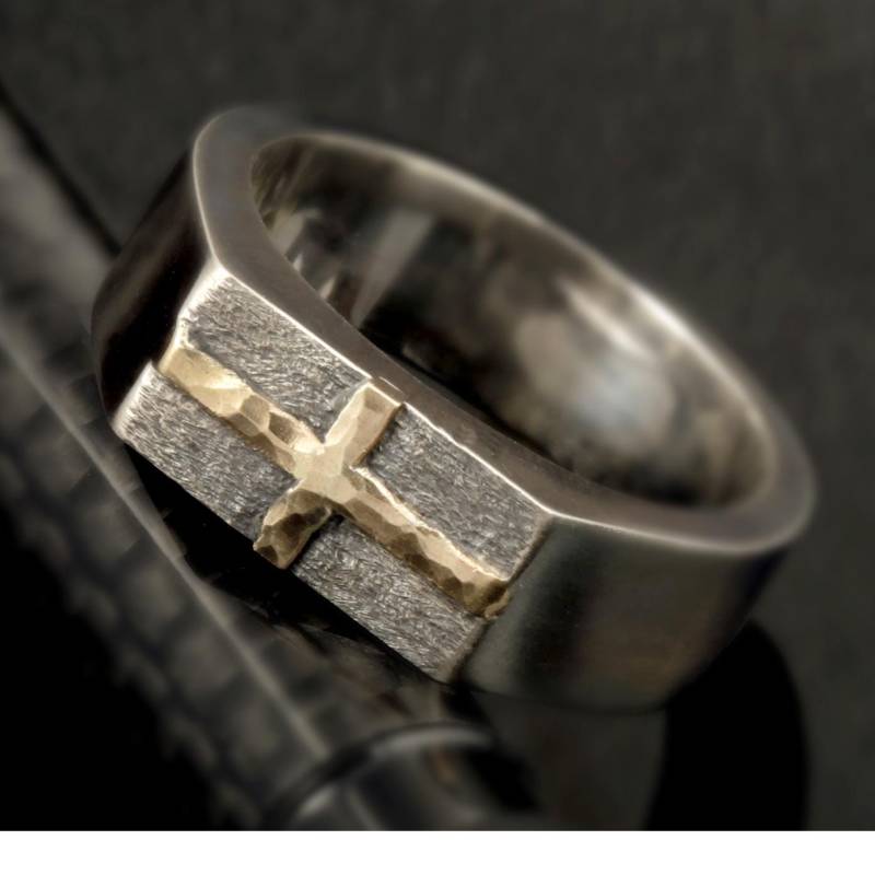 Handgemachte Sterling Silber Kreuz Ring 14K Gold Christlicher Schmuck von AbiMJewelry