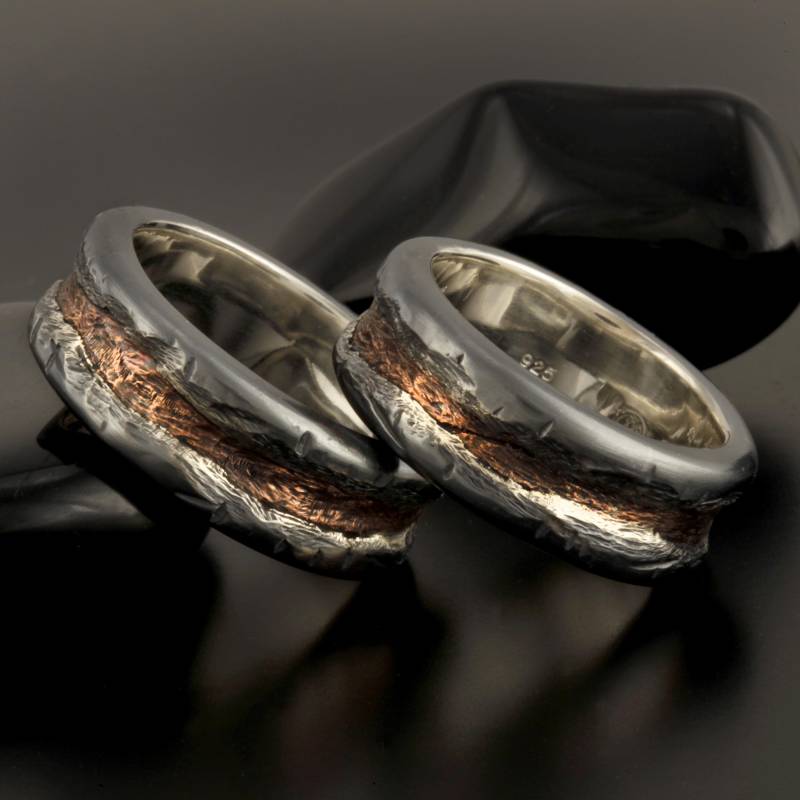Rustikales Sterling Silber & Kupfer Ehering Set Handgemachte Paare Ringe Rs-1161-P von AbiMJewelry