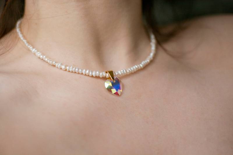 Zarte Perlenkette Mit Herzanhänger 925 Sterling Silber Vergoldet/ Geschenk/ Kristall Halskette/ Hochzeit Schmuck von AbiOliStudio