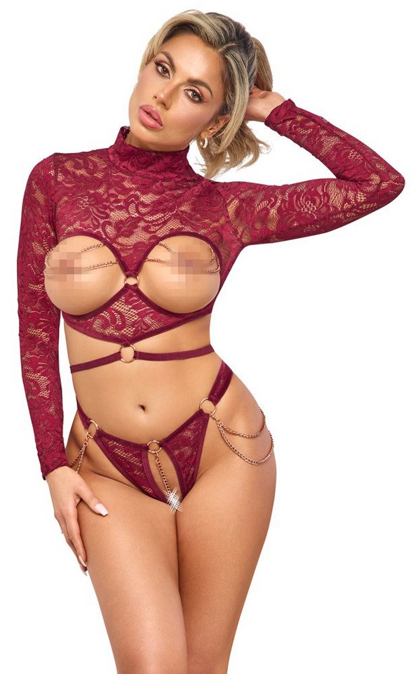 Abierta Fina Set: Bügelloser BH Dessous-Set: Spitzen-Top und String mit Ketten - rot (2-tlg) Feine dunkelrote Spitze von Abierta Fina