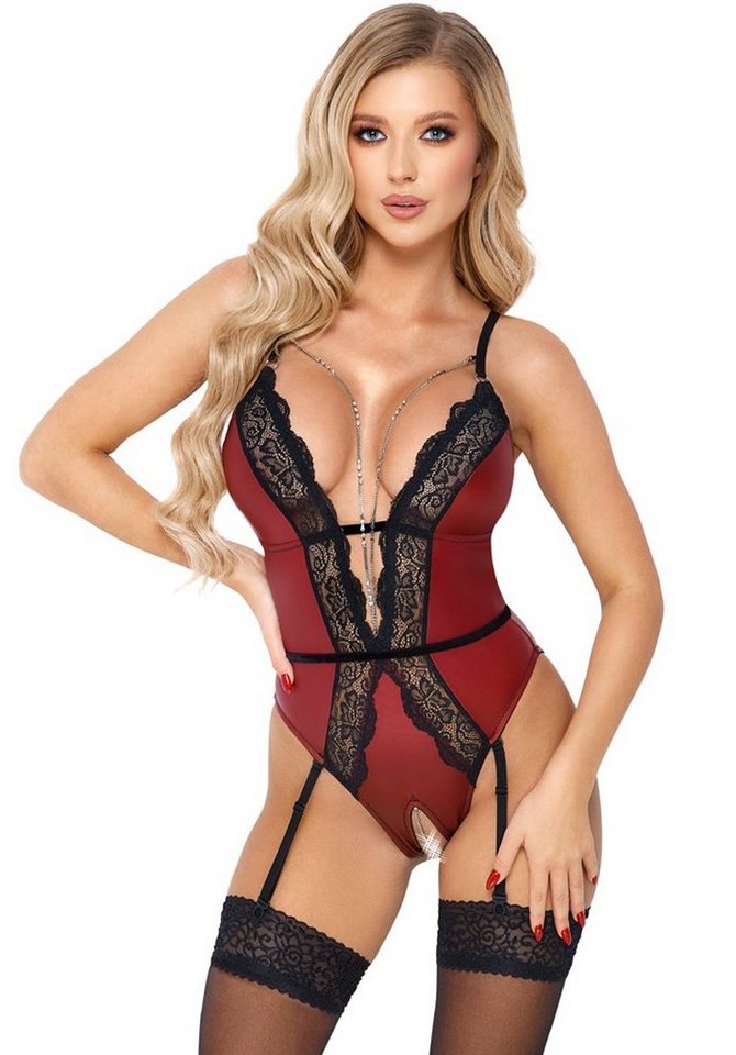 Abierta Fina Stringbody Ouvert Body Wetlook mit Kette im Schritt - rot, schwarz von Abierta Fina