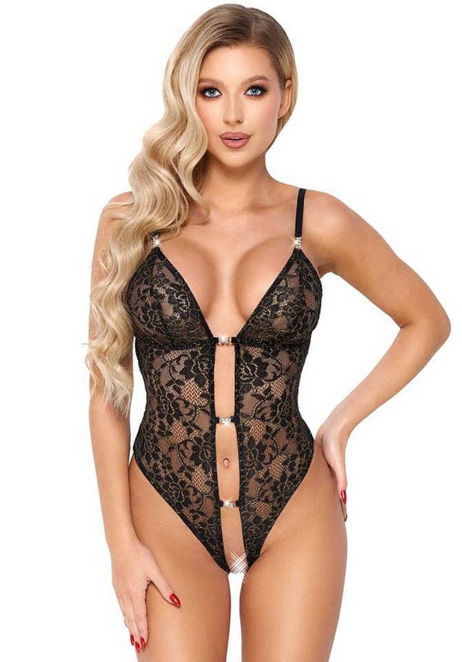 Abierta Fina Stringbody Ouvert Spitzen-Body - schwarz, gold (1-tlg) mit offenem Schritt von Abierta Fina