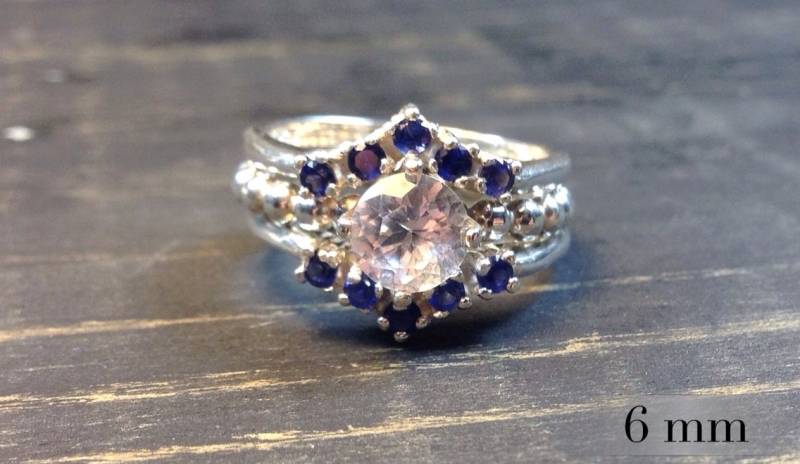 Weißer Saphir Ehering Set, Sterling Silber Perlen Band Eheringe, Verlobungsring, April Geburtsstein von AbishJewelryWorks