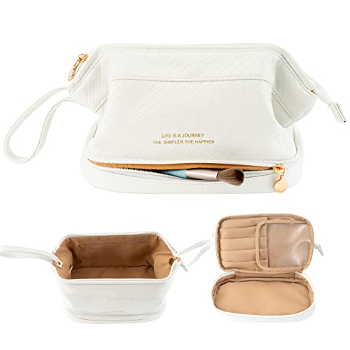 Abiudeng Kosmetiktasche Kulturtasche Kulturbeutel-Damen Schminktasche Groß Wasserdicht Make up Organizer Tasche Reisen Kosmetiktasche mit Pinselfach Make up Tasche Klein für Frauen-B-Weiß von Abiudeng