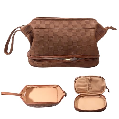 Abiudeng Kosmetiktasche Kulturtasche Kulturbeutel-Damen Schminktasche Groß Wasserdicht Make up Organizer Tasche Reisen Kosmetiktasche mit Pinselfach Make up Tasche Klein für Frauen-C-Braun von Abiudeng