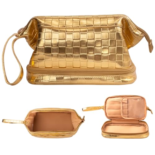 Abiudeng Kosmetiktasche Kulturtasche Kulturbeutel-Damen Schminktasche Groß Wasserdicht Make up Organizer Tasche Reisen Kosmetiktasche mit Pinselfach Make up Tasche Klein für Frauen-C-Gold von Abiudeng