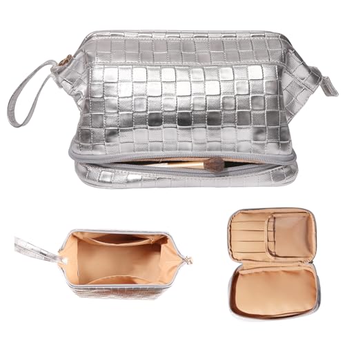 Abiudeng Kosmetiktasche Kulturtasche Kulturbeutel-Damen Schminktasche Groß Wasserdicht Make up Organizer Tasche Reisen Kosmetiktasche mit Pinselfach Make up Tasche Klein für Frauen-C-Silber von Abiudeng
