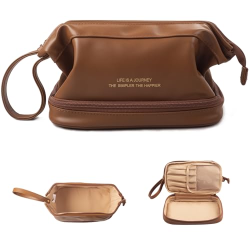 Abiudeng Kosmetiktasche Kulturtasche Kulturbeutel-Damen Schminktasche Groß Wasserdicht Make up Organizer Tasche Reisen Kosmetiktasche mit Pinselfach Make up Tasche Klein für Frauen-Braun von Abiudeng