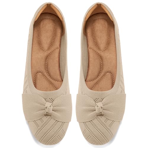 Ablanczoom Ballerinas für Damen: elegante runde Zehenpartie, Schleife, gestrickt, flache Schuhe, bequeme Schlupfschuhe für Arbeit, Business, Hochzeit, Beige, 41.5 EU von Ablanczoom