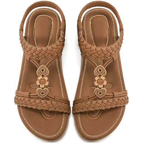 Ablanczoom Flache Damensandalen: bequeme, elegante Knöchelriemen, Bohemian-Sommer-Sandalen für lässiges Strandspaziergänge, Braun, 38.5 EU von Ablanczoom