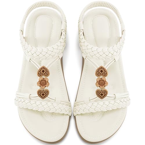Ablanczoom Flache Damensandalen: bequeme, elegante Knöchelriemen, Bohemian-Sommer-Sandalen für lässiges Strandspaziergänge, Weiss/opulenter Garten, 41.5 EU von Ablanczoom