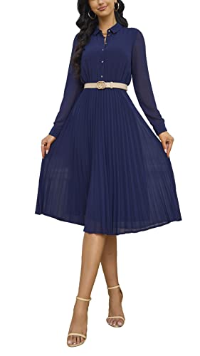 AbleTree Business Casual Hemdkleid für Frauen Langarm Plissee Midi Kleider mit Gürtel, Marineblau, Groß von AbleTree