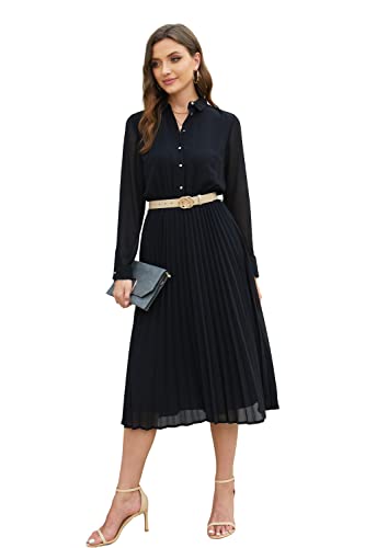 AbleTree Business-Casual-Hemdkleid für Damen, lange Ärmel, plissiert, Midi-Kleider mit Gürtel, Schwarz, X-Klein von AbleTree