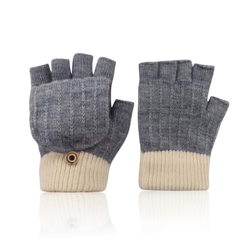 Abnaok Handschuhe Fingerlos, Thermohandschuhe Winter Damen Herren, Strickhandschuhe mit Flip Abdeckung, Geeinget für Innen und Außen Sporthandschuhe Fingerless Gloves (Grau) von Abnaok
