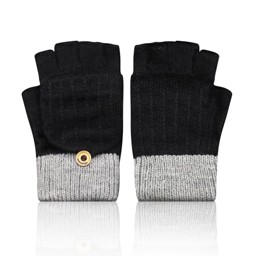 Abnaok Handschuhe Fingerlos, Thermohandschuhe Winter Damen Herren, Strickhandschuhe mit Flip Abdeckung, Geeinget für Innen und Außen Sporthandschuhe Fingerless Gloves (Schwarz) von Abnaok