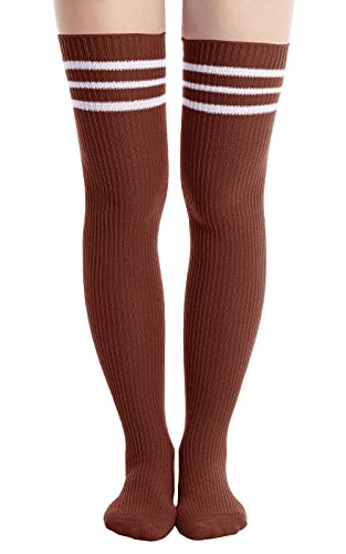 Oberschenkelhohe Damen-Socken, Overknee-Socken für Damen, gestreifte Strick-lange hohe Strümpfe, Cosplay-Freizeitsocken, Kaffee, weiße Streifen, Einheitsgröße von Abodhu