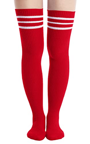 Oberschenkelhohe Damen-Socken, Overknee-Socken für Damen, gestreifte Strick-lange hohe Strümpfe, Cosplay-Freizeitsocken, Rot, weiße Streifen, Einheitsgröße von Abodhu